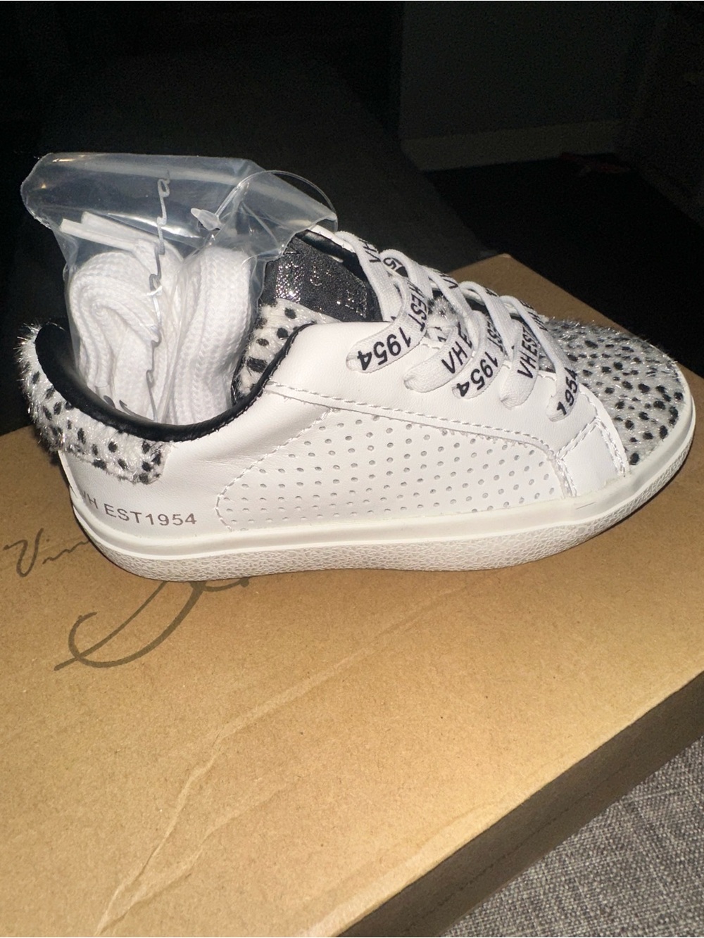 Vintage Havana Kids Ronda White Cheetah Black Leather Side Zip Sneakers - NIB